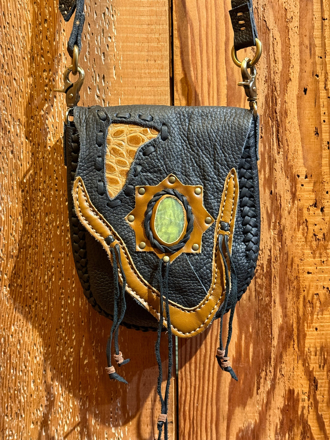 Hand Stitched Leather Handbag with Serpentine Stone