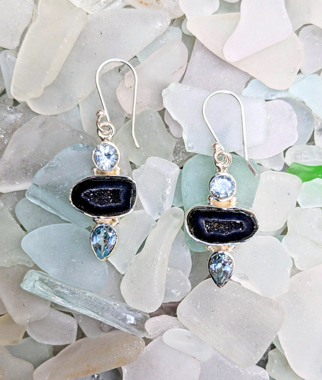 Sparkling Druzy and Blue Topaz Earrings - Floating Lotus