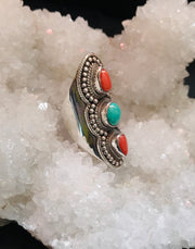Triple Goddess Coral & Turquoise Ring