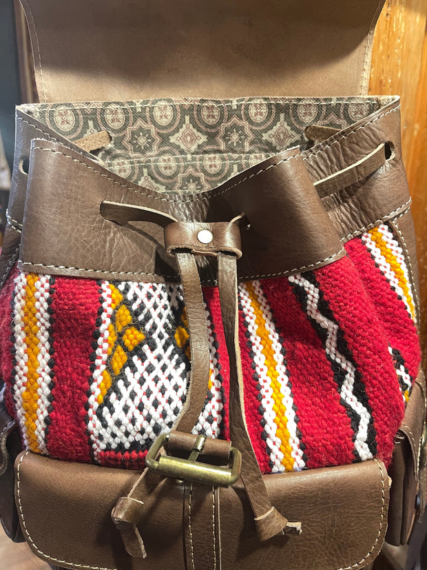 Woven Kilim & Brown Leather Moroccan Backpack - Floating Lotus