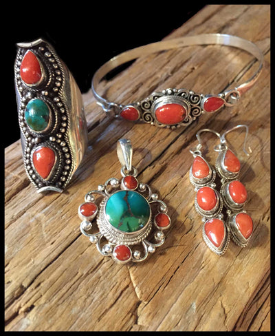 Tibetan Inspiration - Turquoise and Red Coral Jewelry