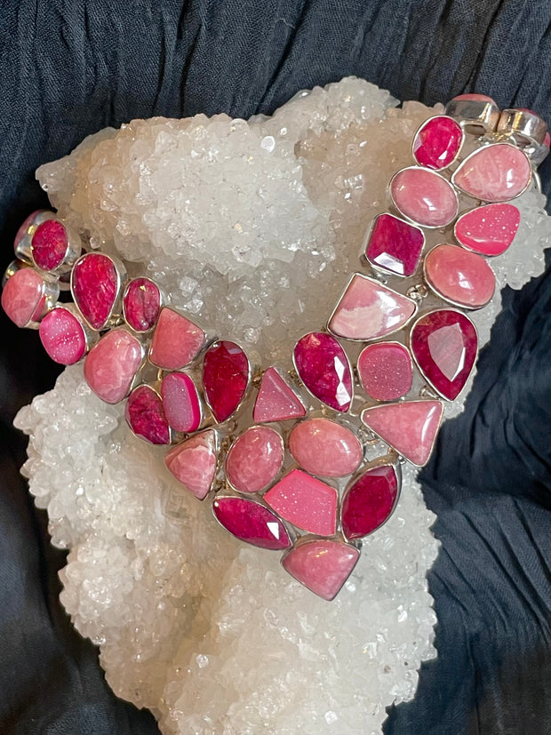 Benevolent Love Ruby, Rhodochrosite, and Pink Druzy Necklace