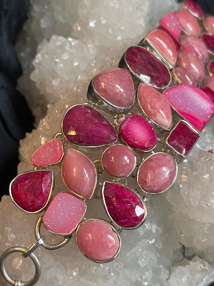 Benevolent Love Ruby, Rhodochrosite, and Pink Druzy Bracelet
