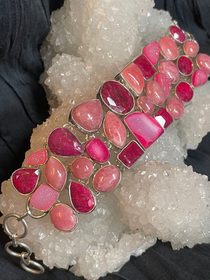 Benevolent Love Ruby, Rhodochrosite, and Pink Druzy Bracelet