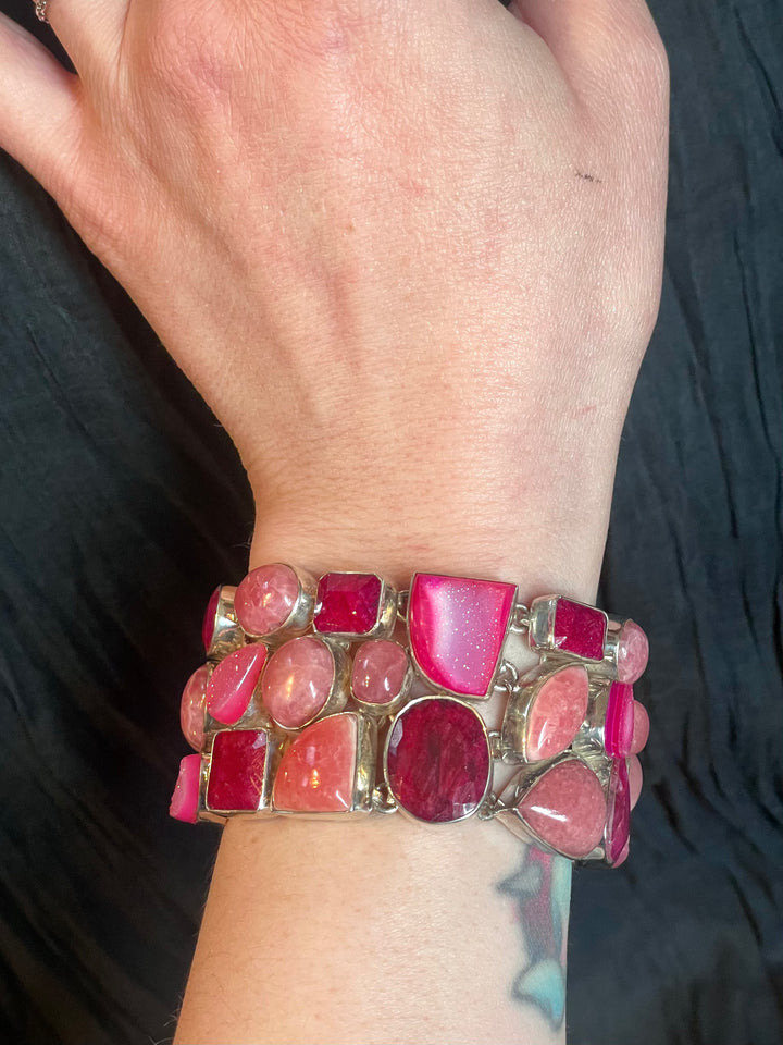 Benevolent Love Ruby, Rhodochrosite, and Pink Druzy Bracelet