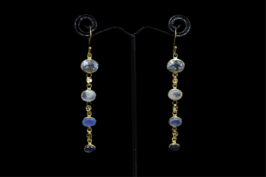 Aquamarine, Moonstone, and Sapphire Earrings - Floating Lotus