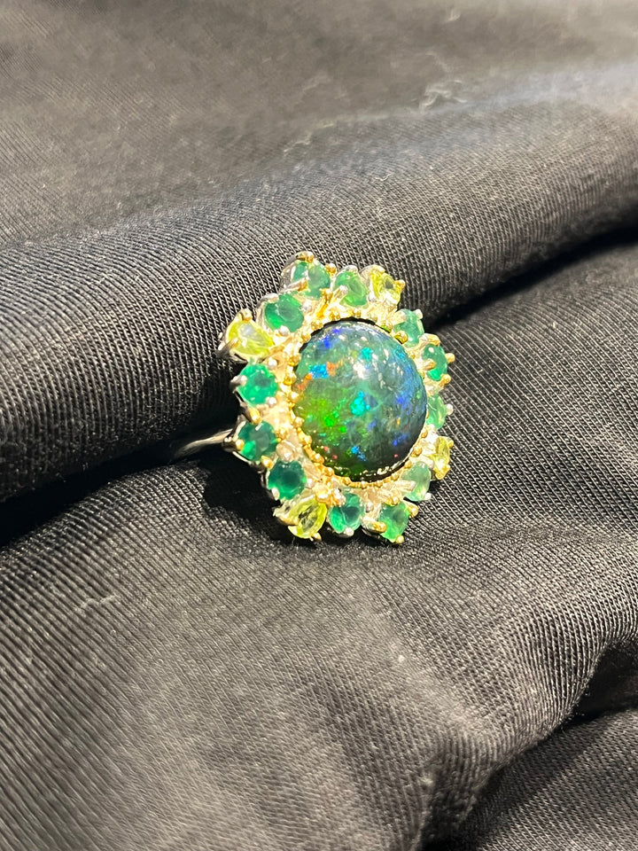 Australian Black Fire Opal and Emerald Ring - Floating Lotus