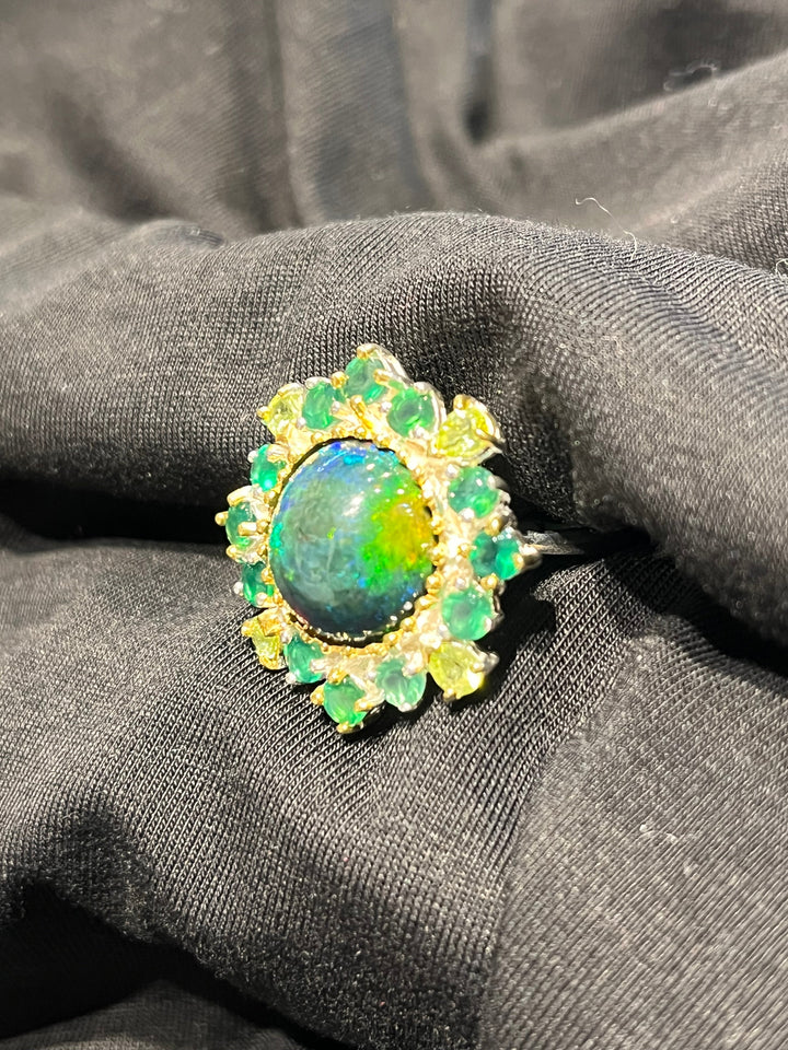 Australian Black Fire Opal and Emerald Ring - Floating Lotus
