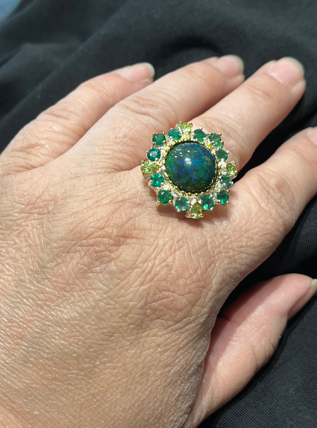 Australian Black Fire Opal and Emerald Ring - Floating Lotus