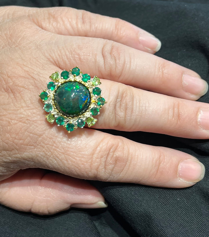 Australian Black Fire Opal and Emerald Ring - Floating Lotus