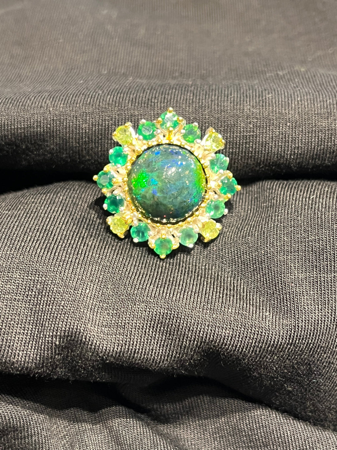Australian Black Fire Opal and Emerald Ring - Floating Lotus