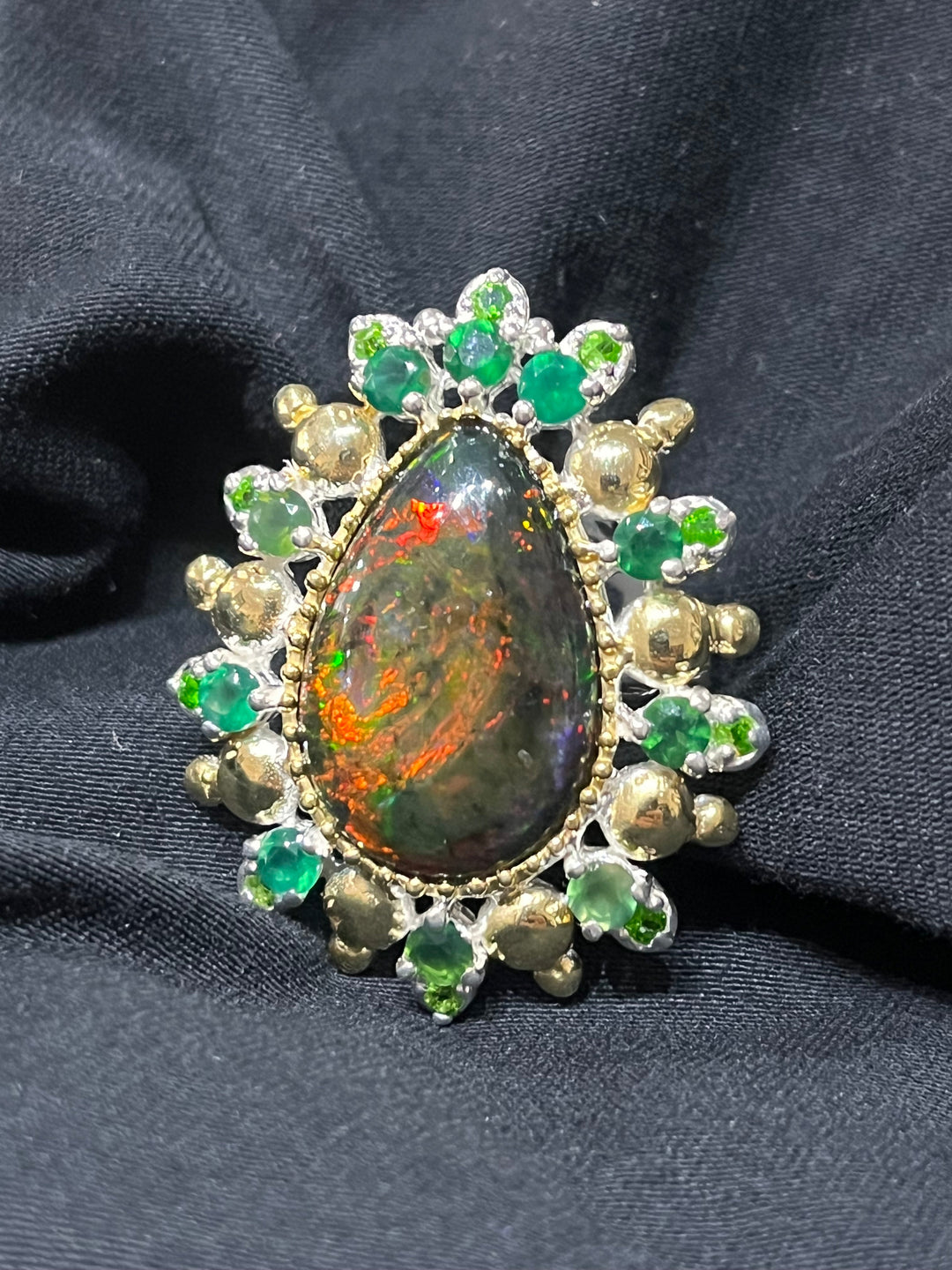 Black Fire Opal Dragon Ring - Floating Lotus
