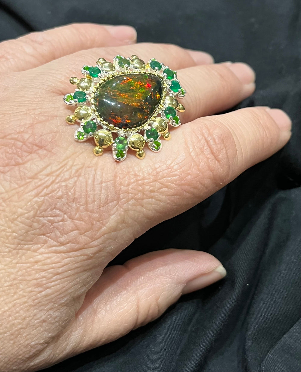 Black Fire Opal Dragon Ring - Floating Lotus