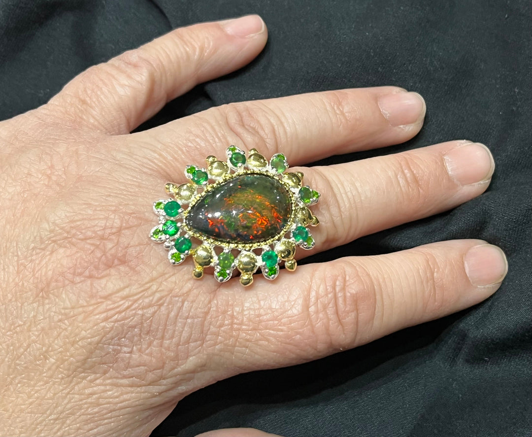 Black Fire Opal Dragon Ring - Floating Lotus
