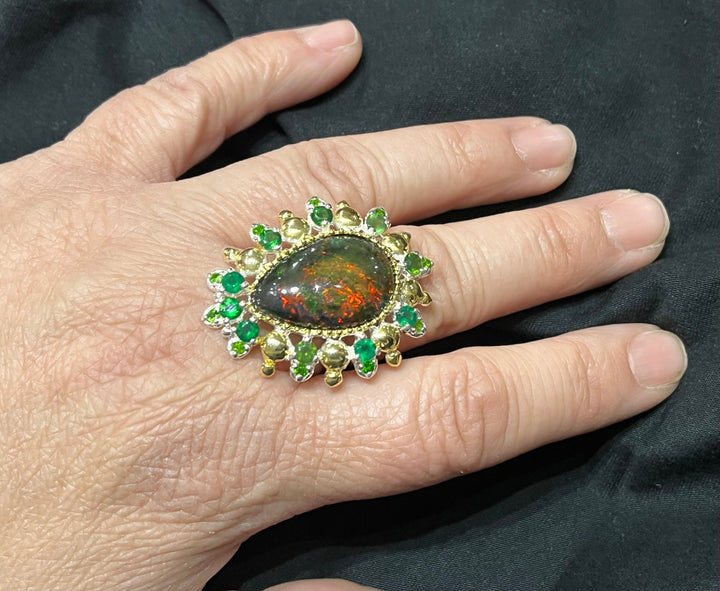 Black Fire Opal Dragon Ring - Floating Lotus
