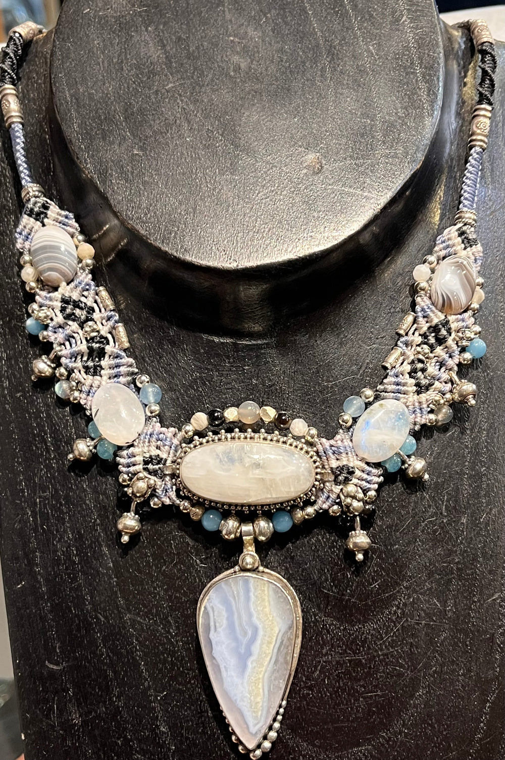 Blue Lace Agate & Moonstone Necklace ￼ - Floating Lotus