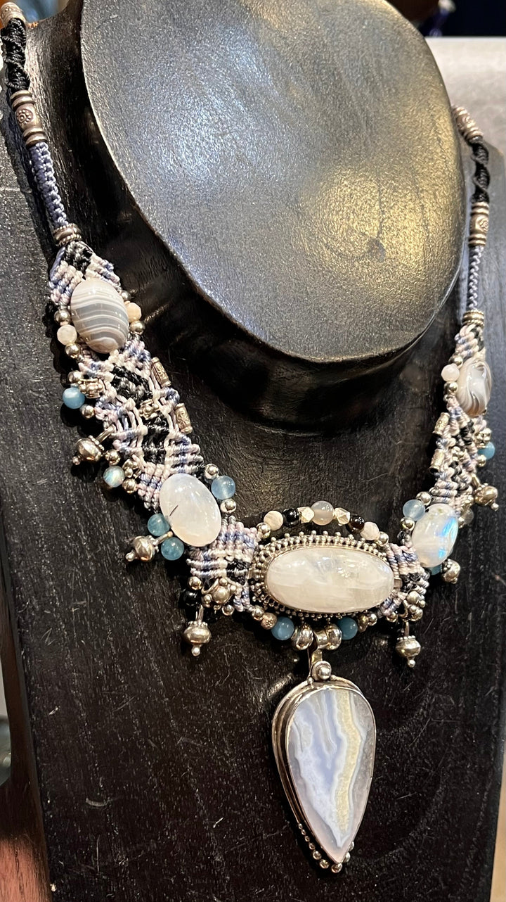 Blue Lace Agate & Moonstone Necklace ￼ - Floating Lotus