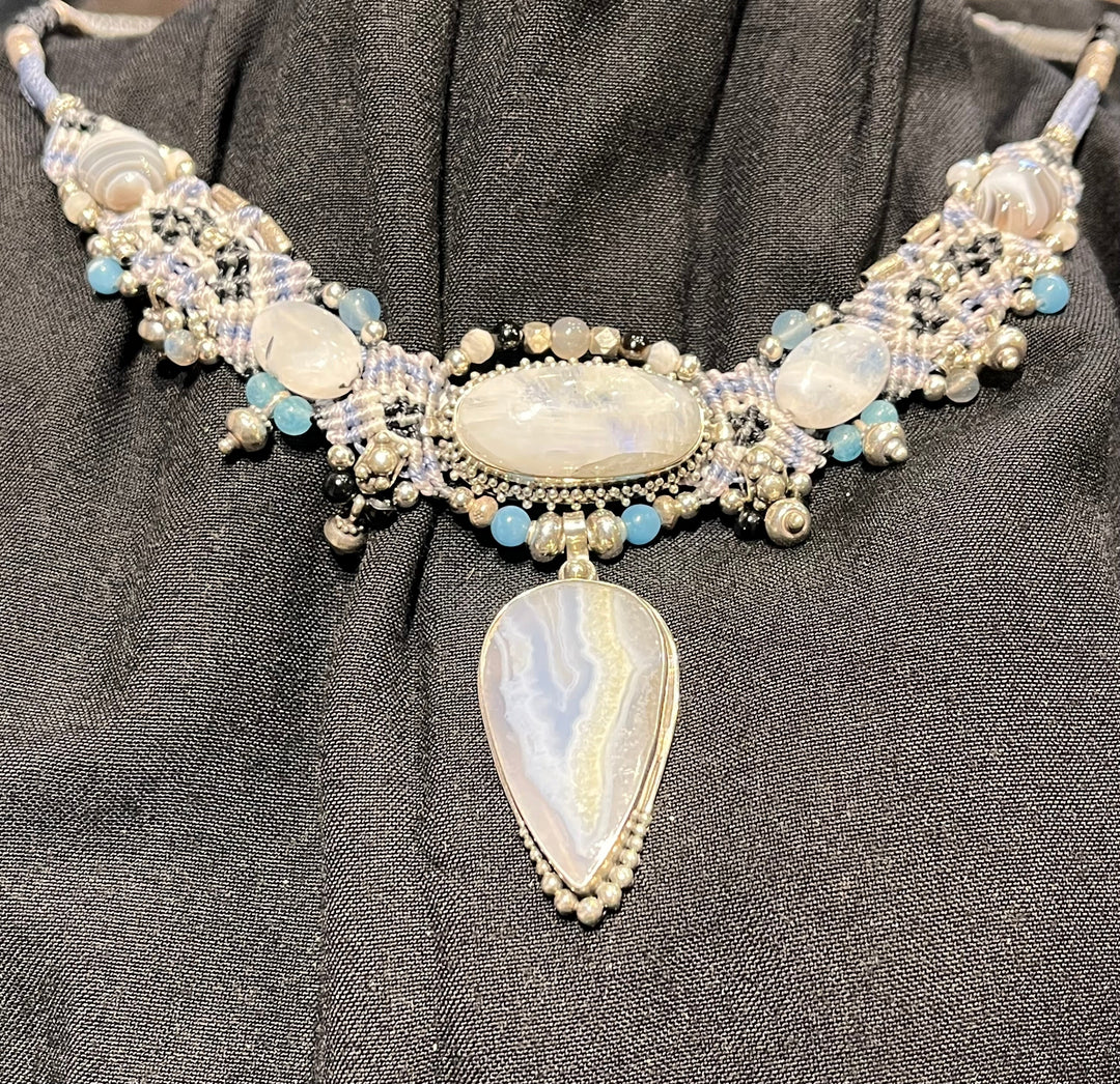 Blue Lace Agate & Moonstone Necklace ￼ - Floating Lotus