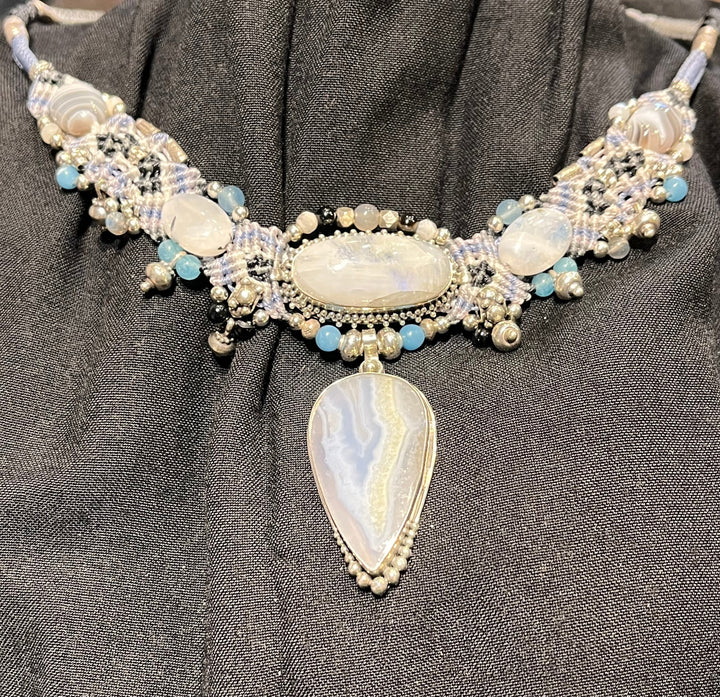 Blue Lace Agate & Moonstone Necklace ￼ - Floating Lotus