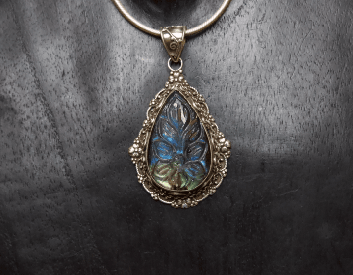 Carved Flower Labradorite Pendant - Floating Lotus
