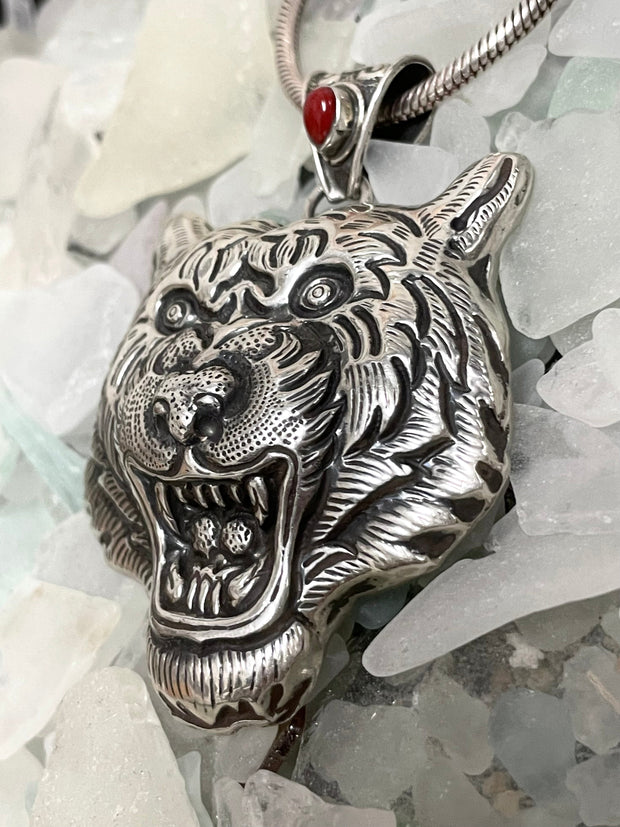 Courageous Guardian Sterling Silver Tiger Pendant - Floating Lotus