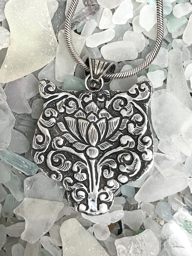 Courageous Guardian Sterling Silver Tiger Pendant - Floating Lotus