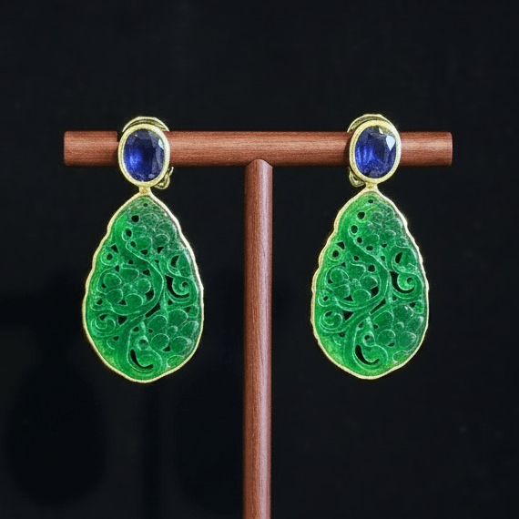 Elegant Floral Carved Precious Jade and Sapphire Earrings - Floating Lotus