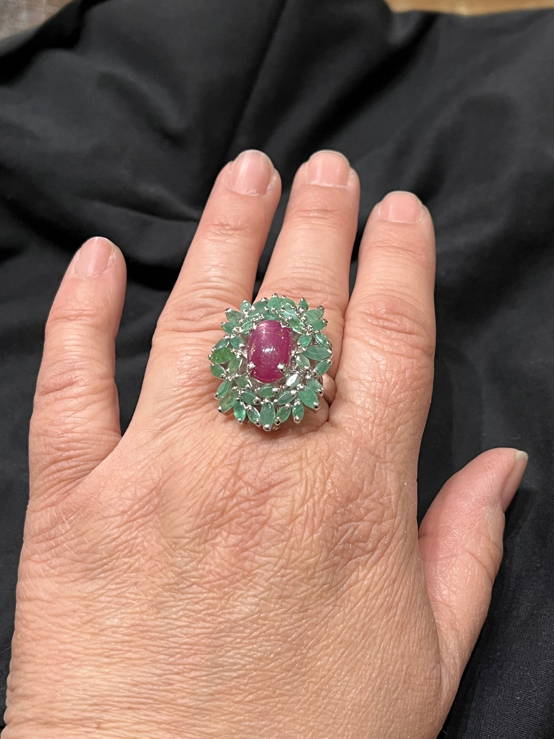 Emerald & Ruby Flower Ring. - Floating Lotus
