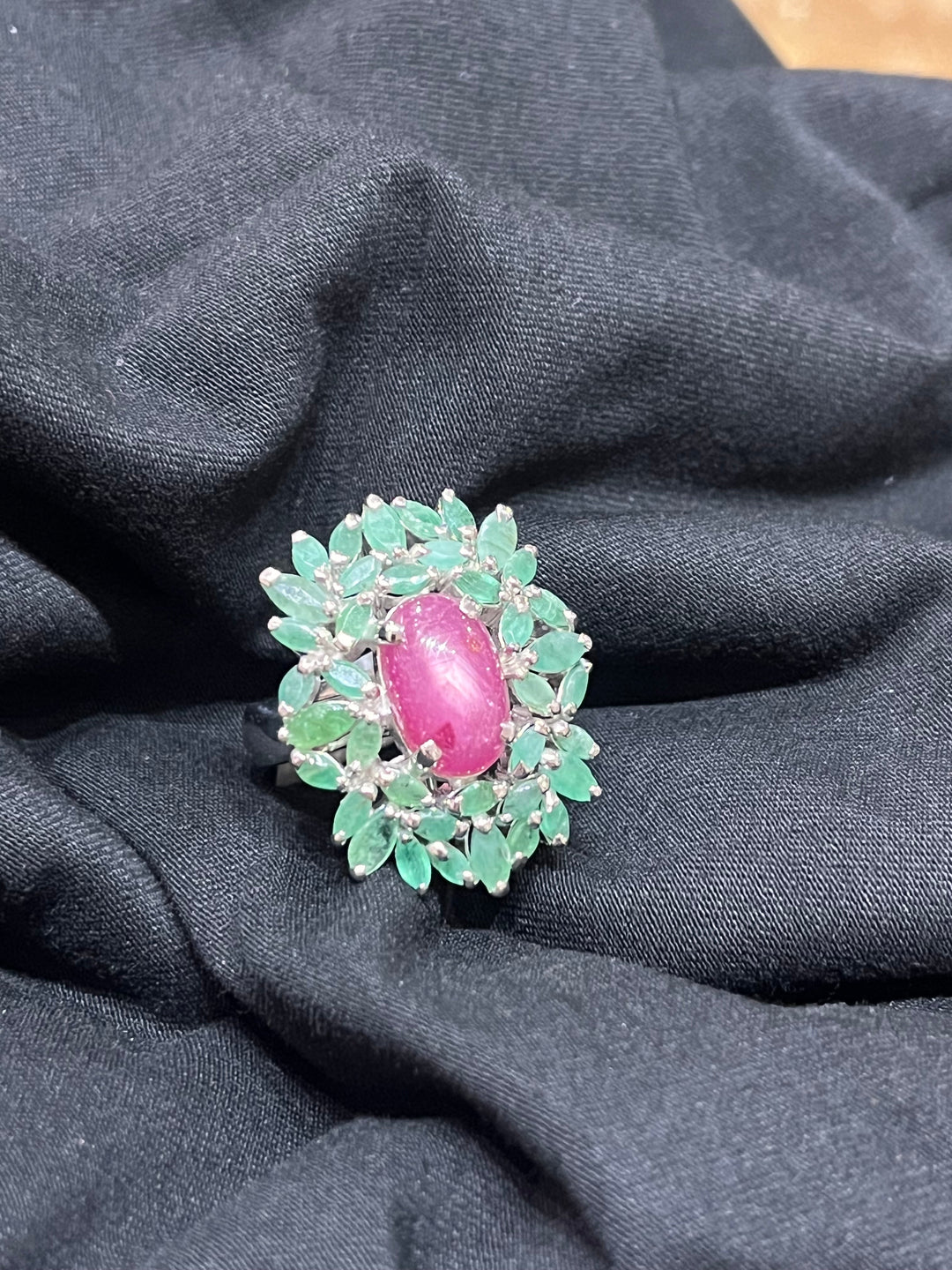 Emerald & Ruby Flower Ring. - Floating Lotus