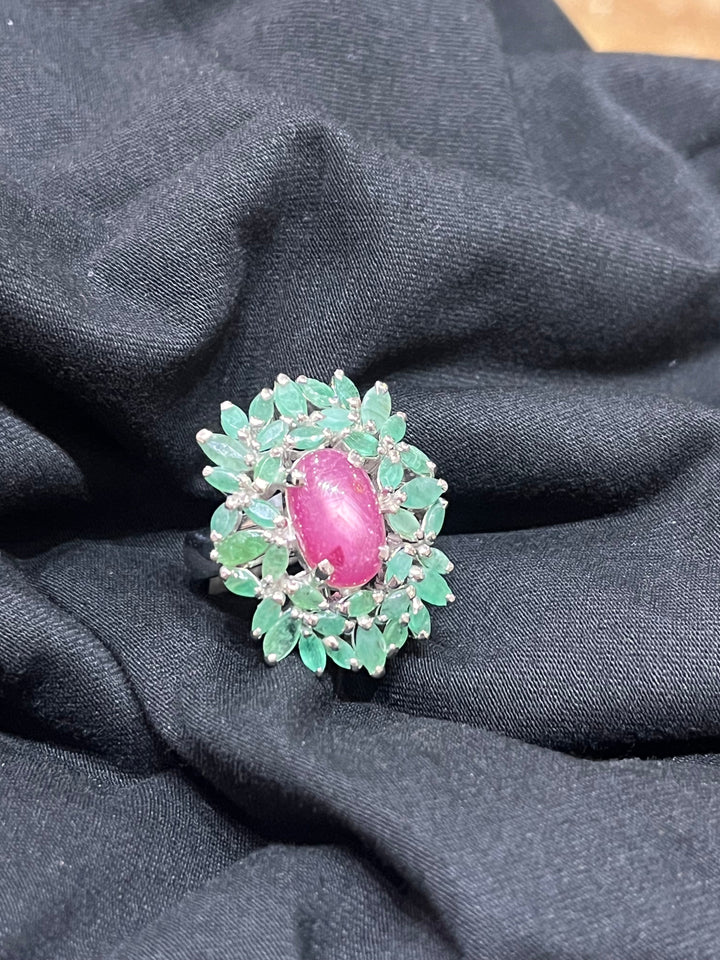 Emerald & Ruby Flower Ring. - Floating Lotus