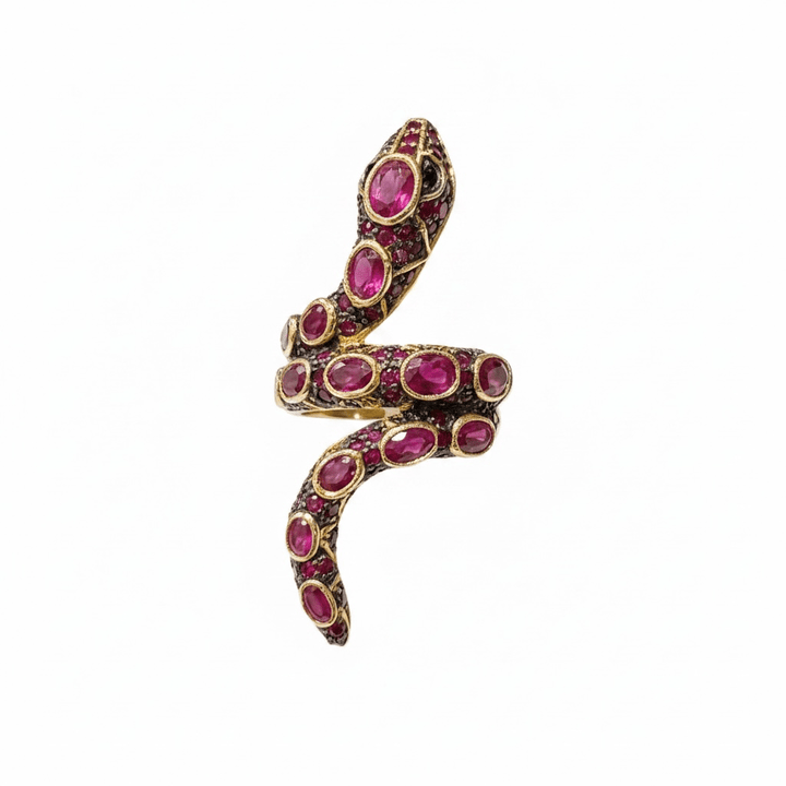 Entrancing Ruby and Gold Snake Ring - Floating Lotus