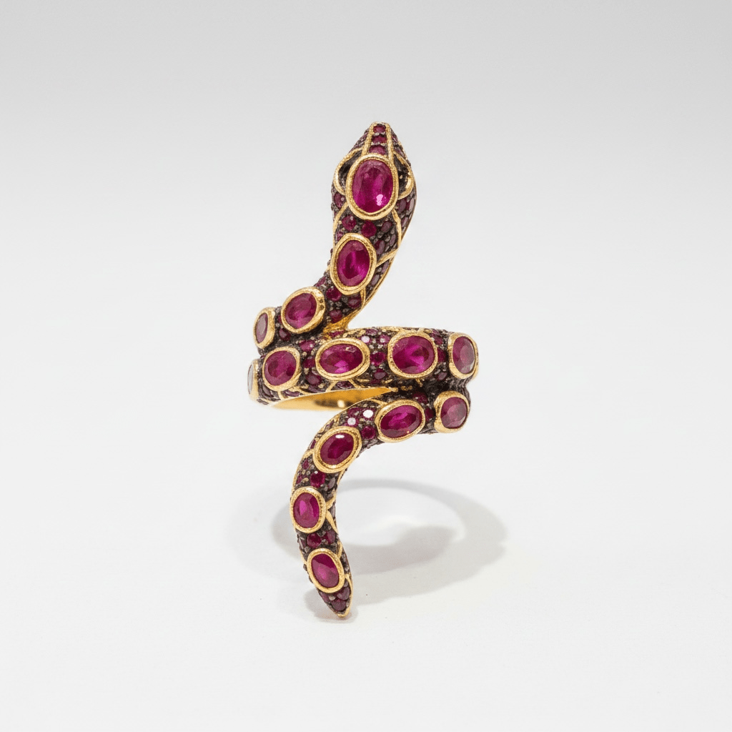 Entrancing Ruby and Gold Snake Ring - Floating Lotus