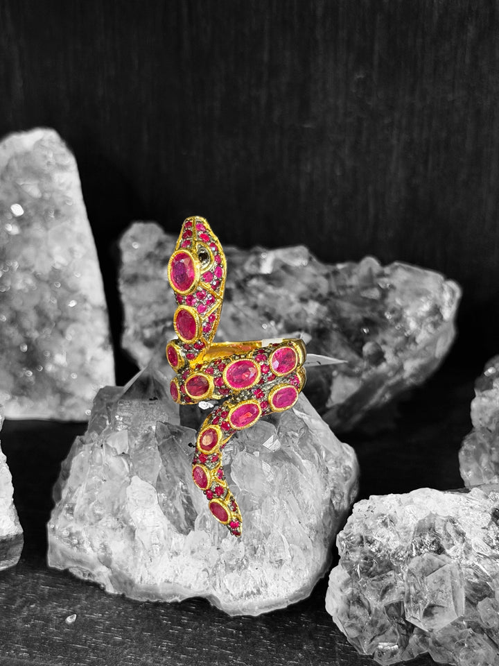 Entrancing Ruby and Gold Snake Ring - Floating Lotus