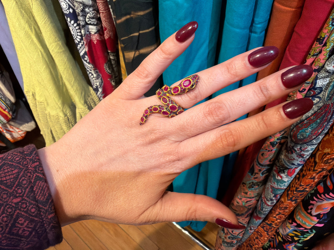 Entrancing Ruby and Gold Snake Ring - Floating Lotus