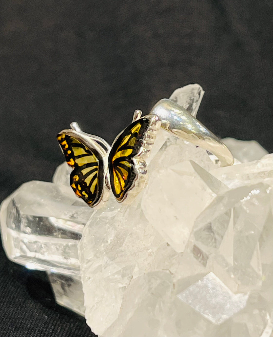 Flying Butterfly Amber Ring - Floating Lotus
