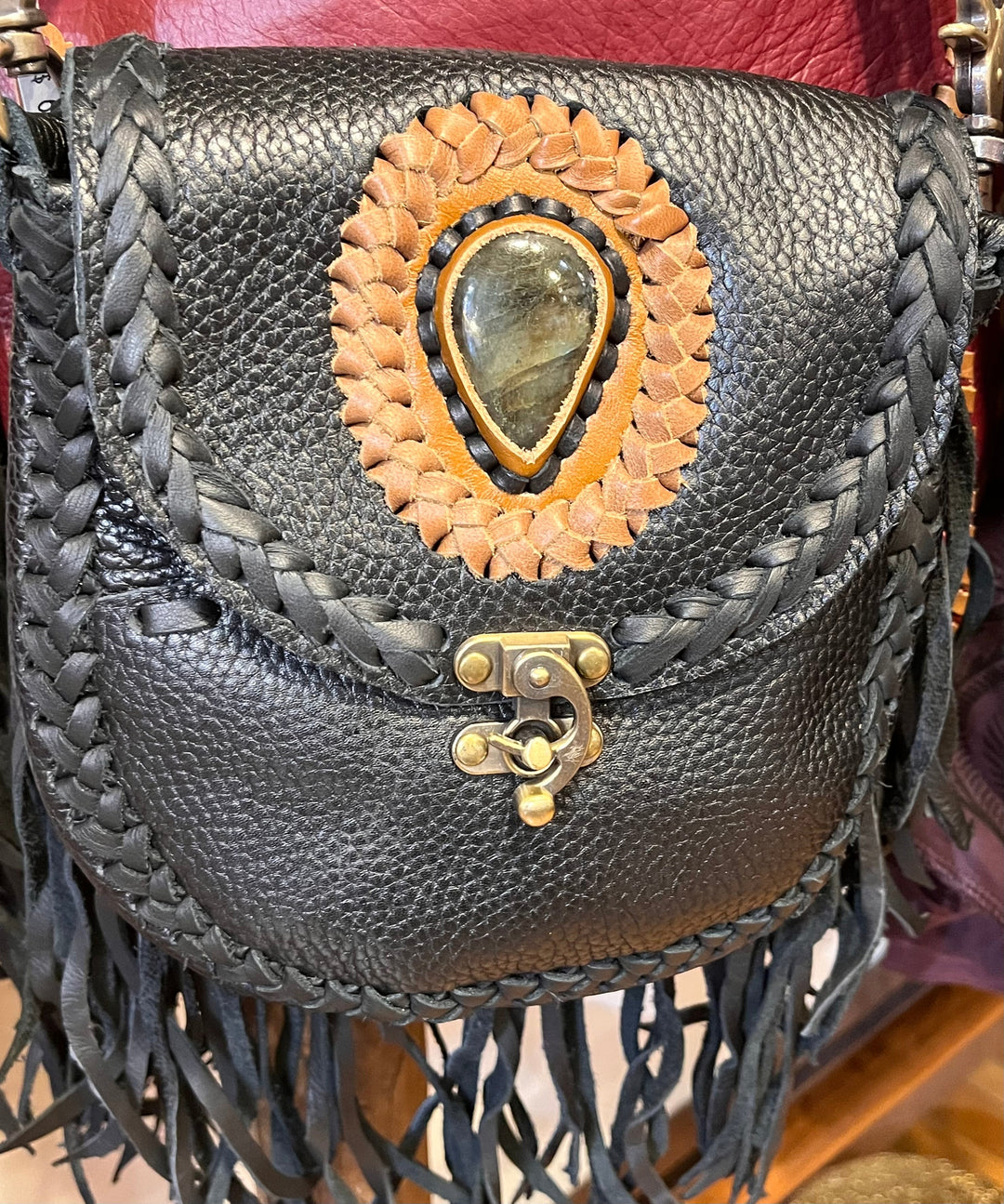 Hand Made Black Leather Bag - Floating Lotus