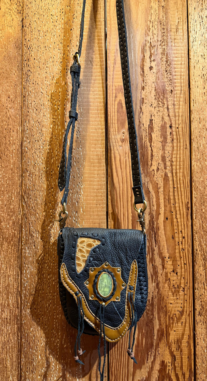 Hand Stitched Leather Handbag with Serpentine Stone - Floating Lotus