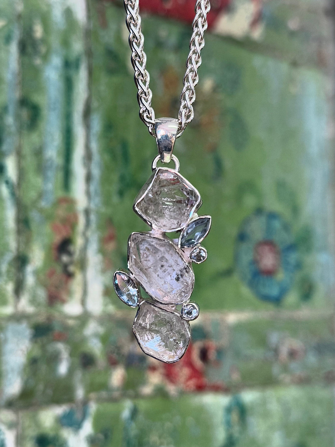 Herkimer Diamond and Blue Topaz Pendant - Floating Lotus