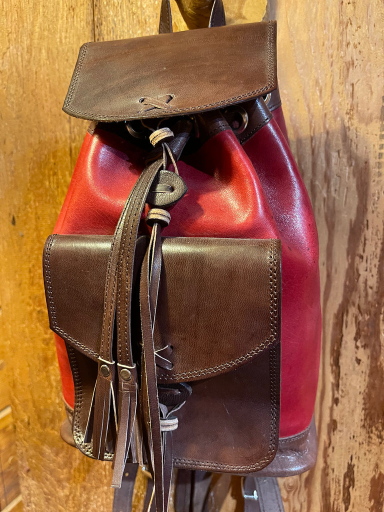 Brown and Tan Leather Backpack Floating Lotus