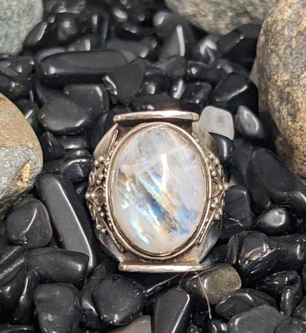 Intricately Detailed Moonstone Ring - Floating Lotus