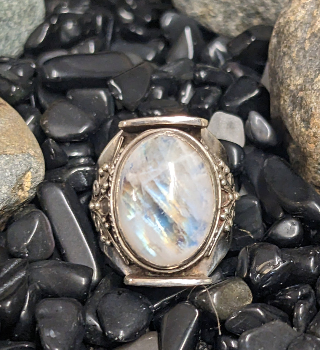 Intricately Detailed Moonstone Ring - Floating Lotus