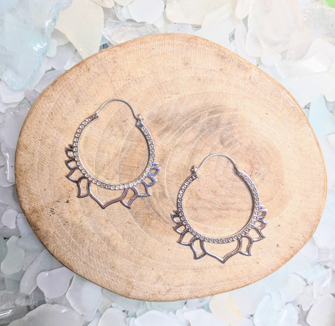Lotus Silver Hoop Earrings - Floating Lotus