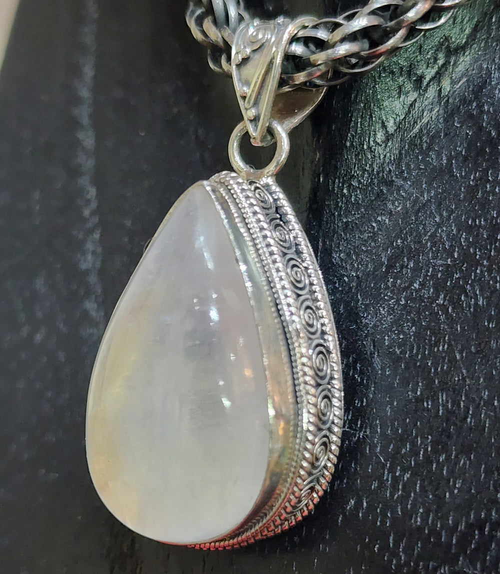 Luminous Teardrop Moonstone Pendant - Floating Lotus