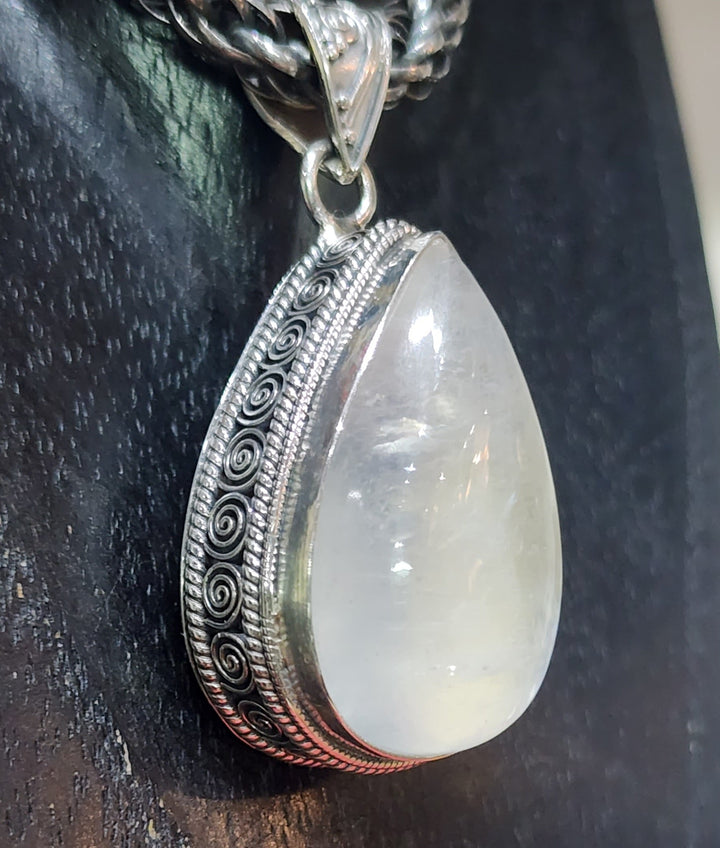 Luminous Teardrop Moonstone Pendant - Floating Lotus