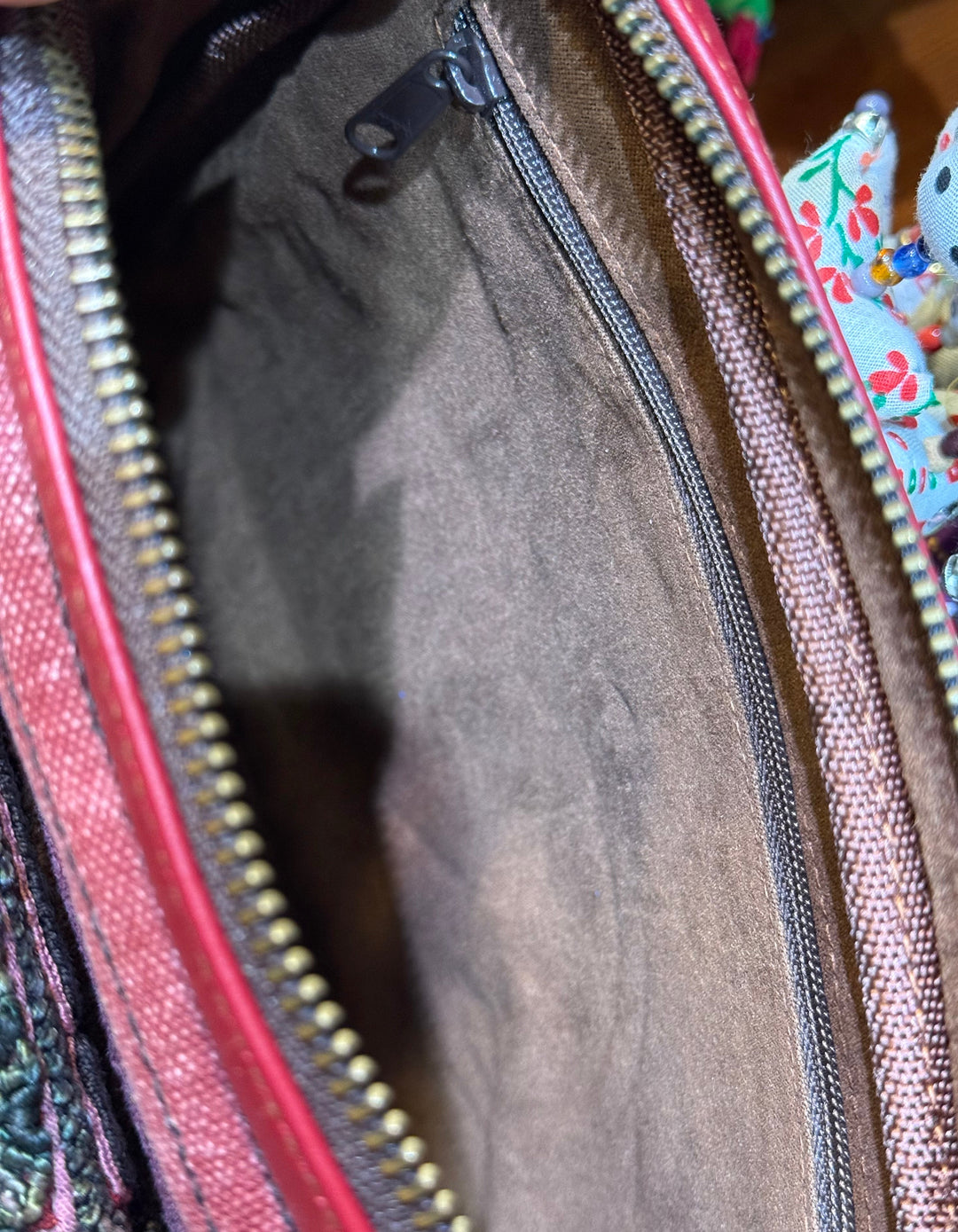 Red Leather and Canvas Thai Handbag - Floating Lotus