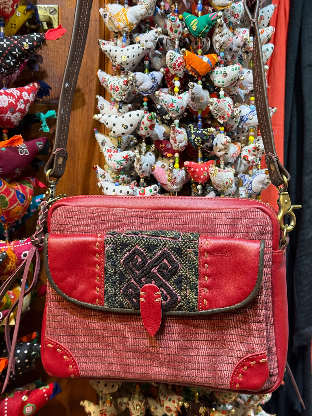 Red Leather and Canvas Thai Handbag - Floating Lotus