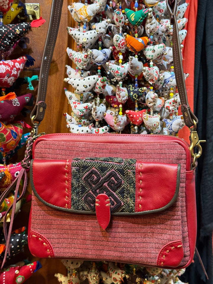 Red Leather and Canvas Thai Handbag - Floating Lotus