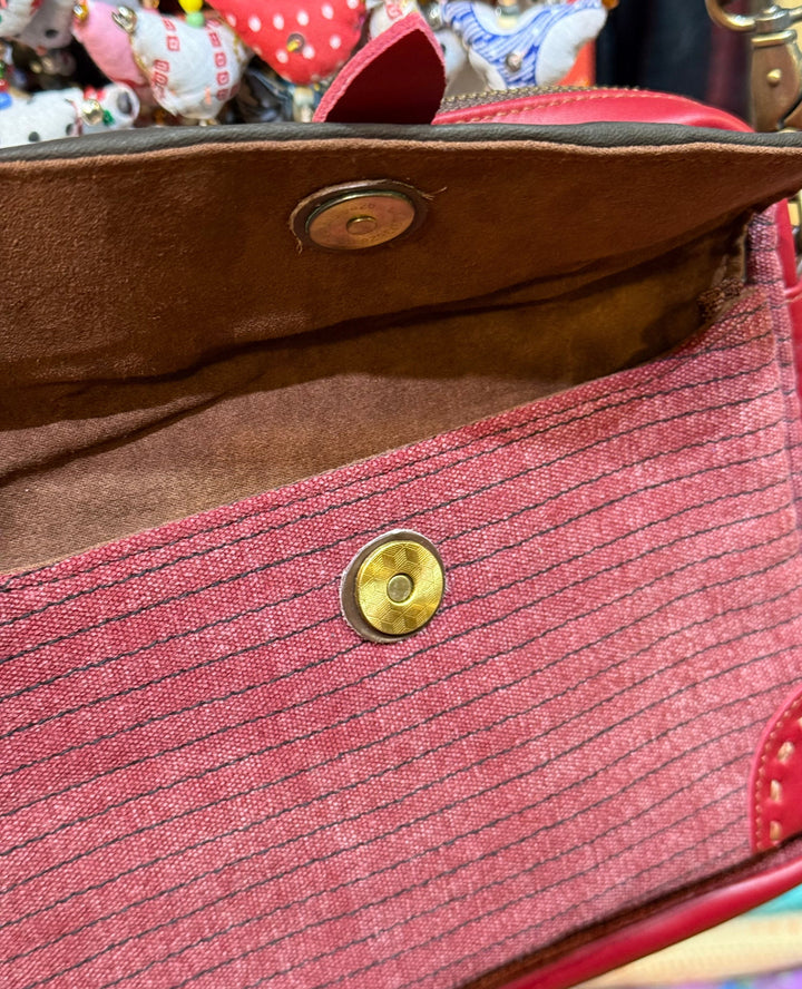 Red Leather and Canvas Thai Handbag - Floating Lotus