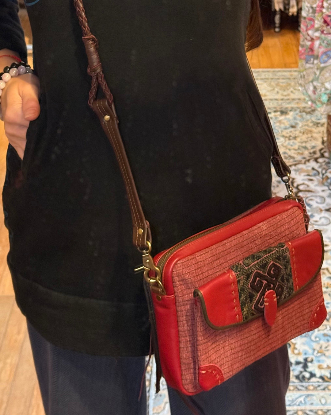 Red Leather and Canvas Thai Handbag - Floating Lotus