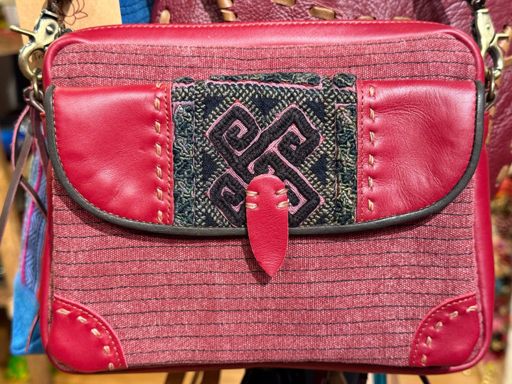 Red Leather and Canvas Thai Handbag - Floating Lotus